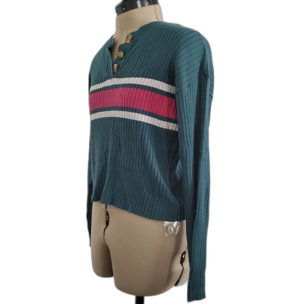 NEW American Eagle Sweater Women's XS Green White Pink Crop Cotton Blend Striped